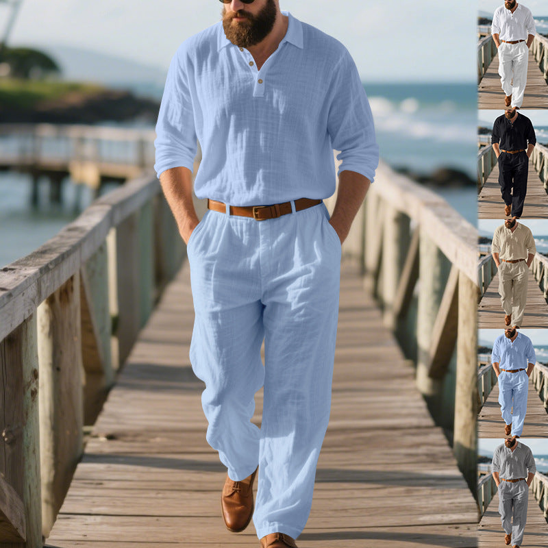 Men's Linen POLO Long-sleeved Trousers Casual Suit Solid Color Two-piece Set